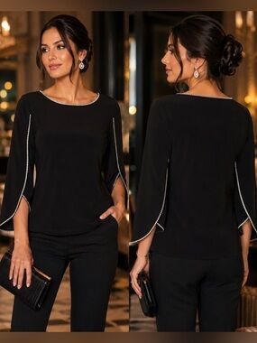 Cartise Black Rhinestone Trim Bell Sleeve Blouse Top Medium M Elegant Evening